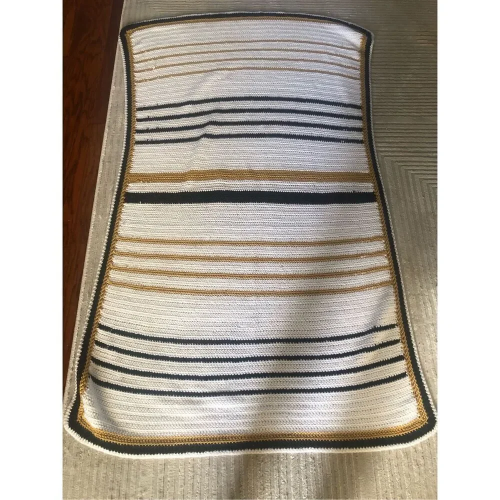 Handmade Crochet Throw Blanket White Navy Mustard Striped 34x58